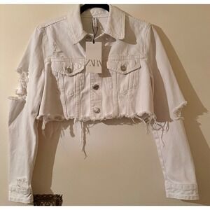ZARA White Distressed Cropped Denim Jacket Women's Size S NWT 100% Cotton